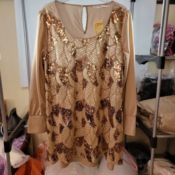 Blu Pepper LS Tan Sequin Dress w/ Embroidered Scarf - Size Large - Picture 3 of 6